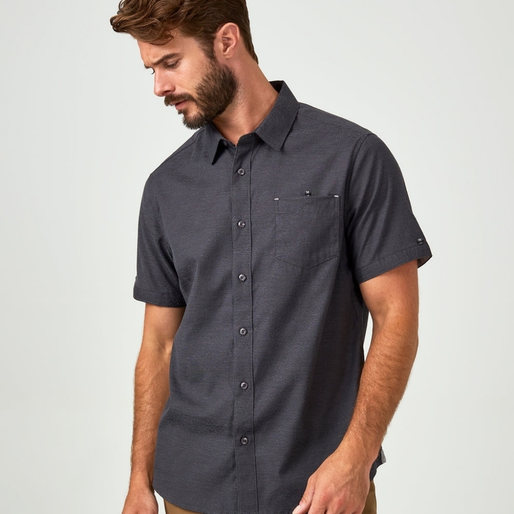 7 Diamonds Rhodes Charcoal Patterned Button Down Short Sleeve Shirt XL